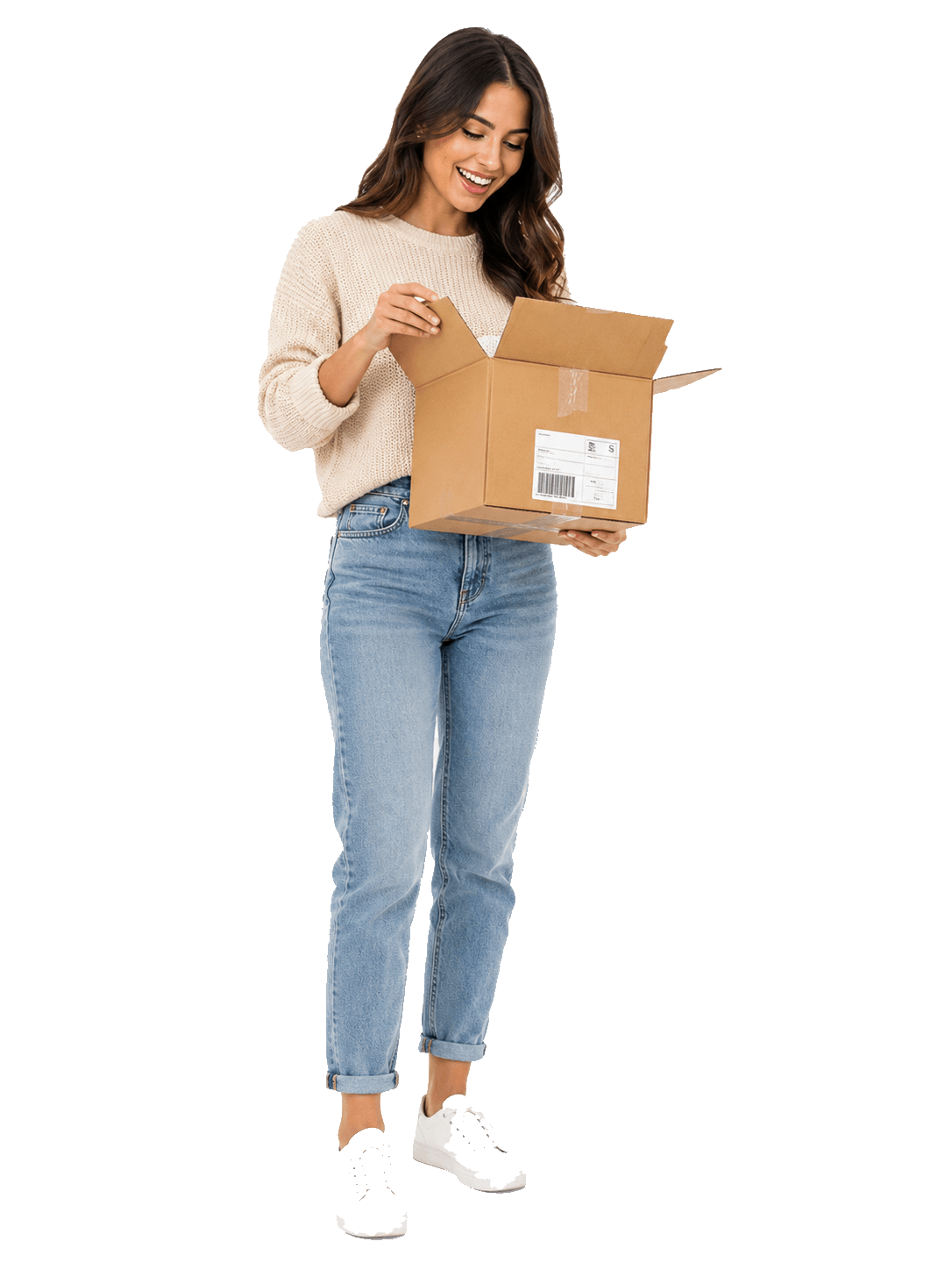 A shopper smiling as she opens a delivered package