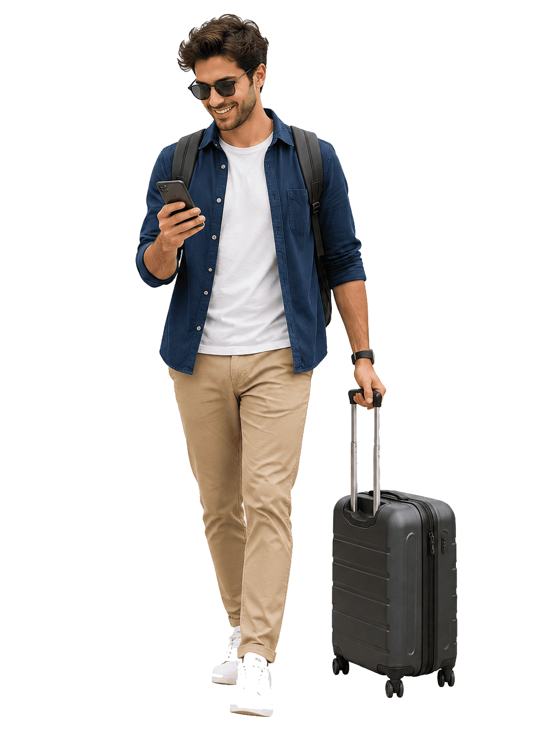 A traveler checking his phone while rolling a carry-on suitcase